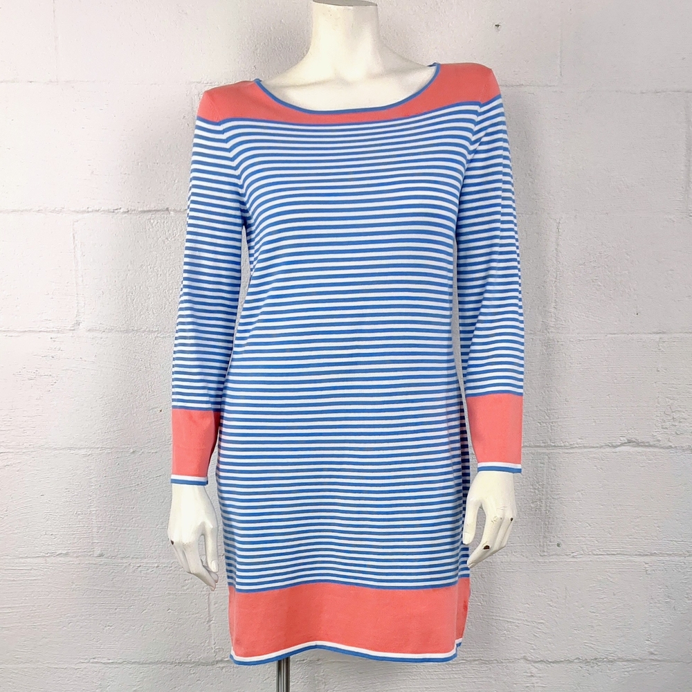 Sail to Sable Blue and Coral Striped Long Sleeve Dress